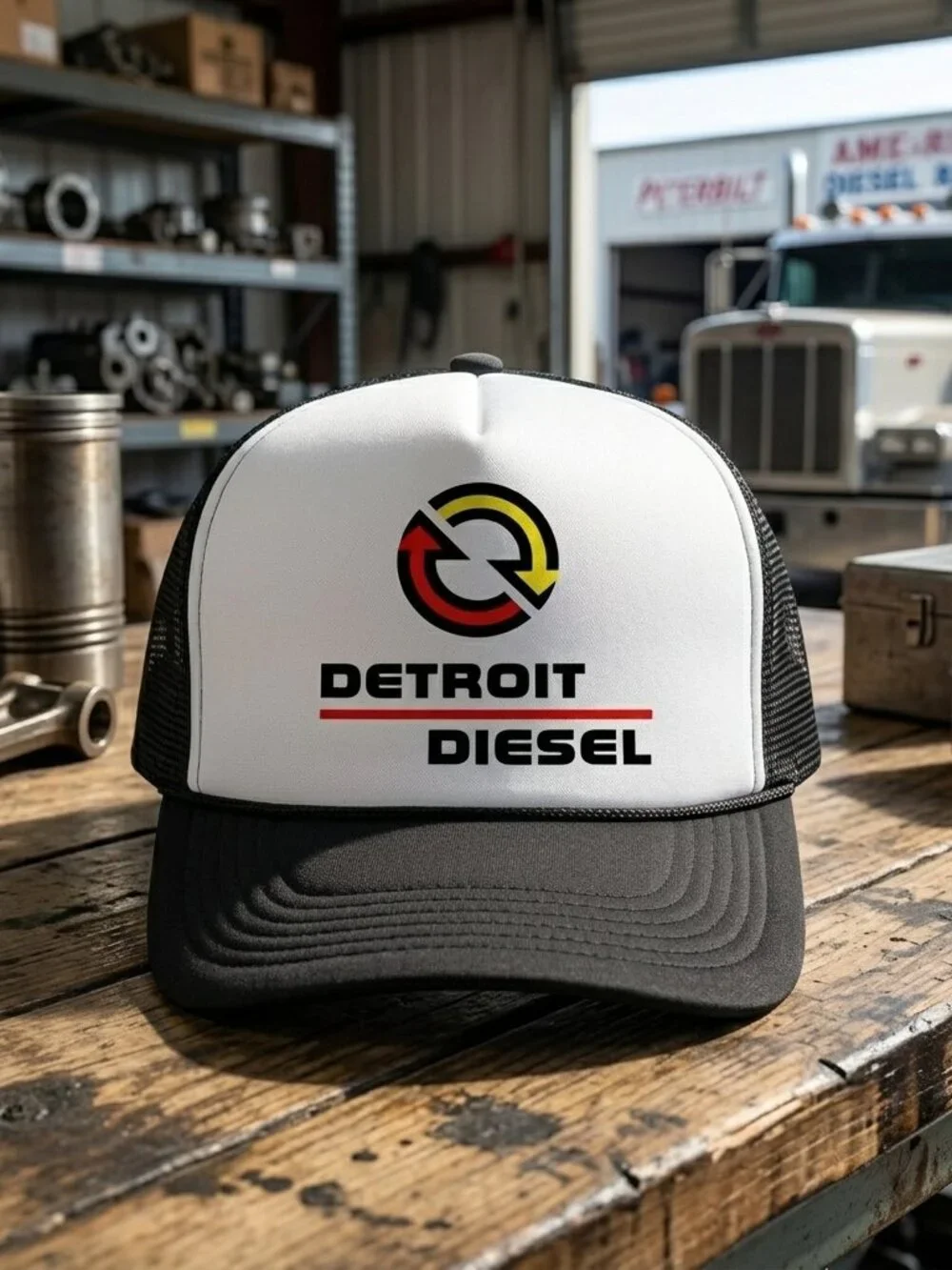 Detroit Diesel Printed Black White Foam Rope Snapback Hat Semi Truck New Retro